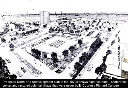 Propsed early 1970s plan for THE HILL in Portsmouth, NH included high hotel, conference center and restored Colonial Village.  None of this happened, but the neighborhood was still destroyed and hundreds displaced. The Parade Mall seen in the foreground is being replaced. ONly 13 houses on The Hill were saved. Courtesy Richard M. Candee on SeacoastNH.com