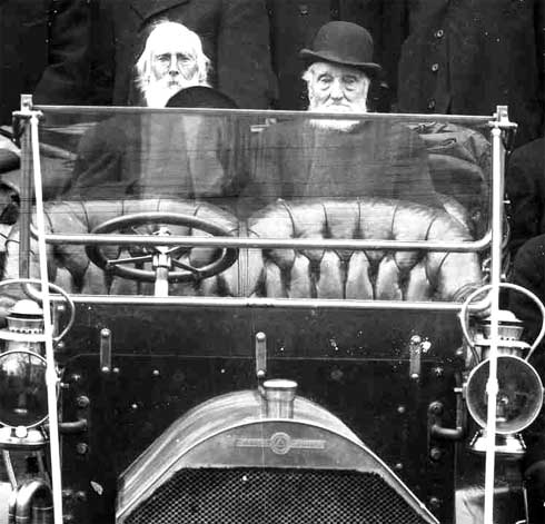 Two men in their ninties in 1909 Duryea motorcar/ SeacoastNH.com