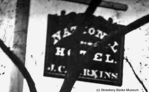 National Hotel sign across Congress St/ Strawbery Banke