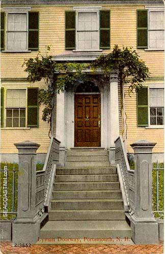 Lyman House shows the severe simple lines of the Colonial period. The door, window frames and graceful pillars are typical of those days.