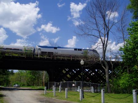Train passing through Rollinsford toward Maine